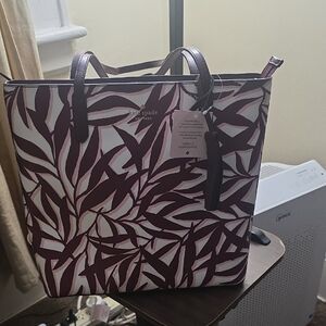 Kate Spade Burgundy and White Leaf Pattern Tote